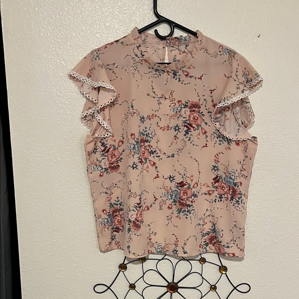 SHEIN Pink Floral Lace Trim Blouse